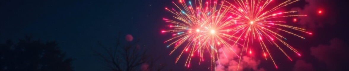 Fototapeta premium Vibrant fireworks exploding in mid-air with colorful sparks and smoke, explosion, light show