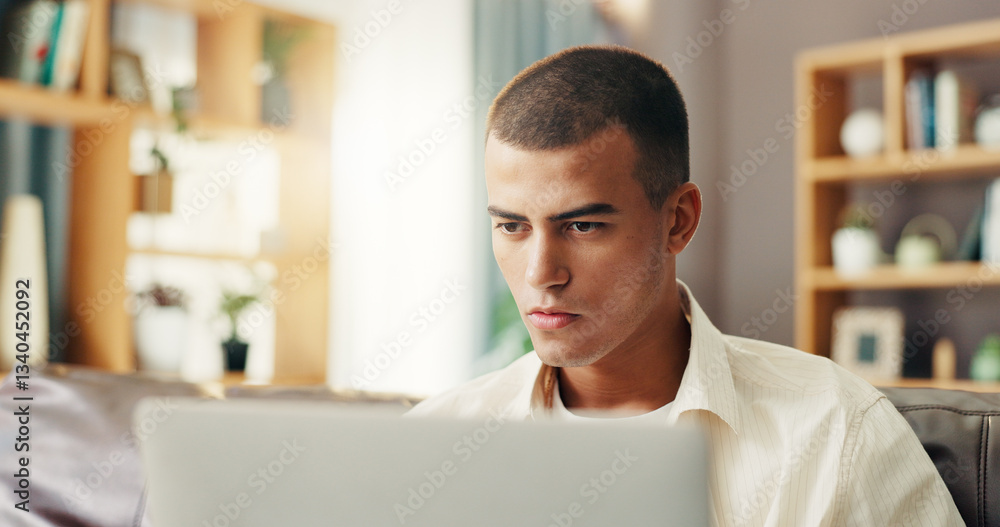 Leinwandbilder reading, student and man on sofa with laptop for online research, studying and elearning for college