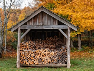 A traditional firewood storage shed, filled with neatly stacked logs, offering a rustic charm against the backdrop of an autumn landscape
