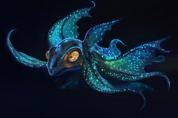 A vampire squid extending its bioluminescent arms in total darkness, its glowing appendages illuminating the mysterious depths of the ocean
