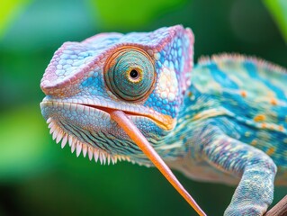 A veiled chameleon extending its long, sticky tongue to capture an insect, its eyes independently swiveling to track its prey