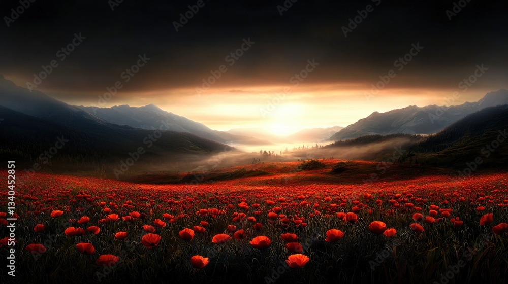 Poster a field of red flowers with a cloudy sky in the background