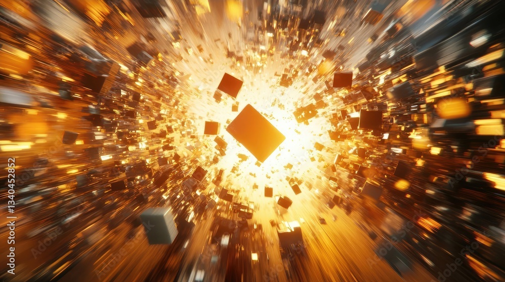Fototapete Abstract Explosion of Golden and Black Cubes Dynamic 3D Rendering