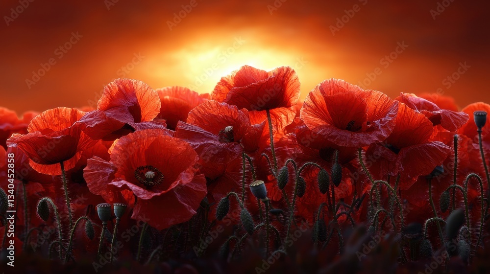 Poster a field of red poppies with the sun in the background