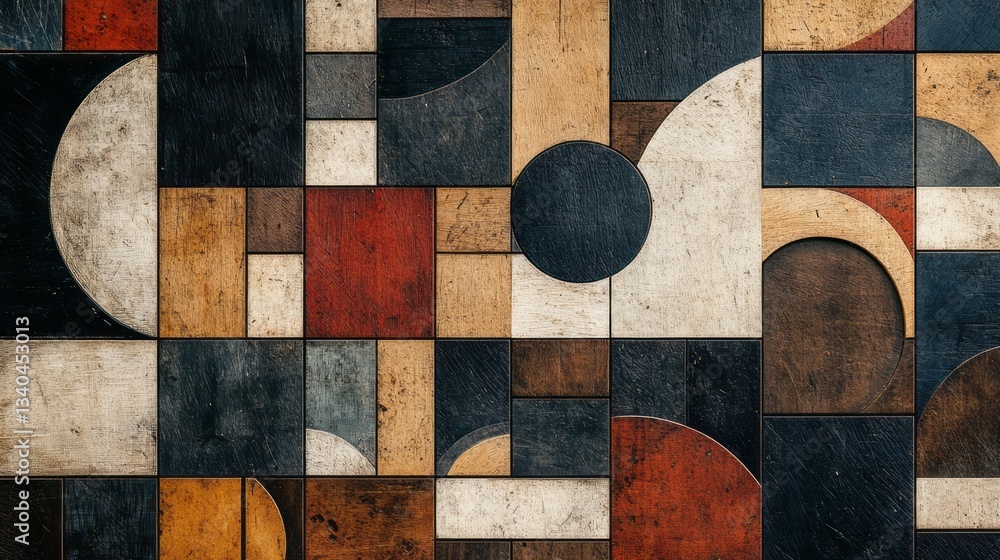 Poster geometric patterns composed of wooden circles rectangles and squares