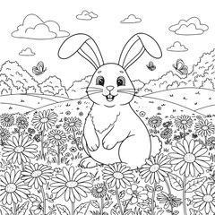 Wild Animals Coloring Page, EPS10, Black Line on White Background, Rabbit, Easter, Hare