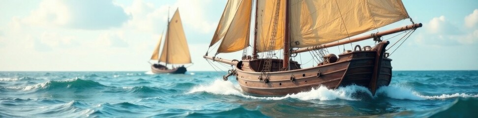 Vintage wooden boat sailboats gently swaying in ocean waves, sailing, vintage