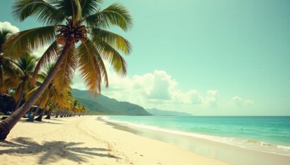 Obraz premium Vintage-toned photograph of a sandy beach with swaying palm trees and a misty ocean horizon, waves, distress