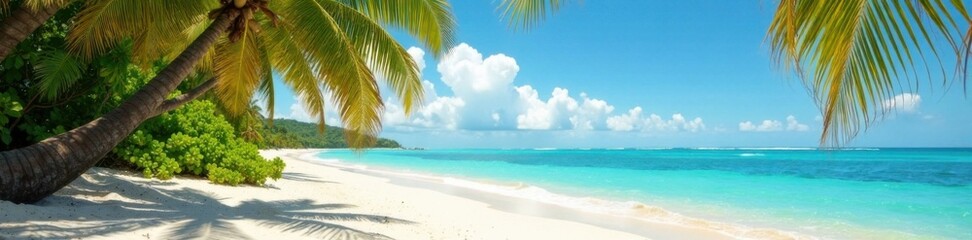 Fototapeta premium Warm sandy beach with palm trees swaying gently in tropical breeze, beach, natural light