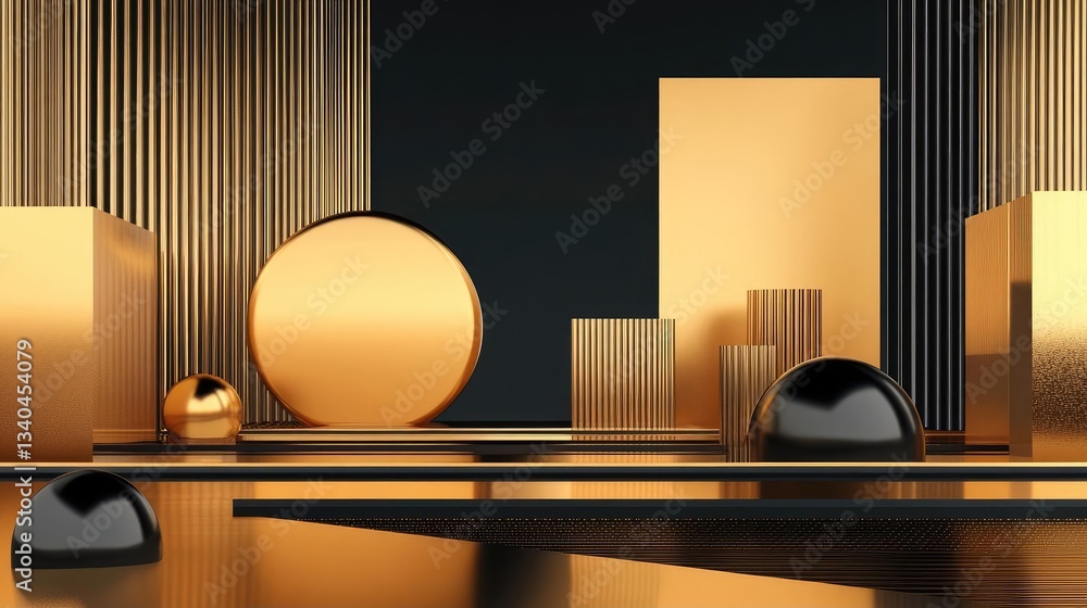 Aufkleber abstract gold and black geometric shapes 3d rendering design display platform scene composition illu