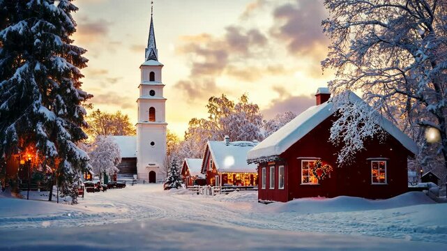 Winter sunset in a snowy village with a church and cozy homes, capturing the charm of the season