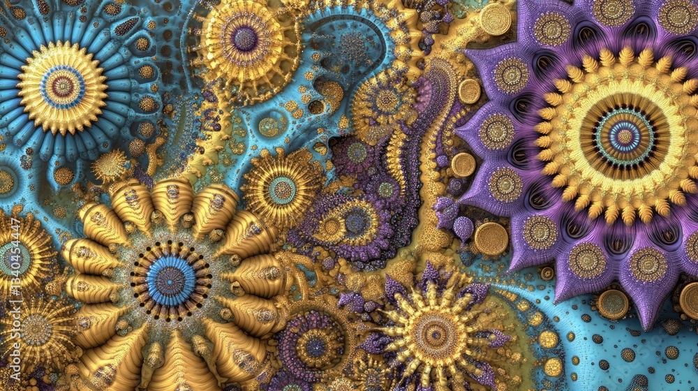 Poster abstract gold blue purple fractal art background with intricate geometric patterns using shapes and 