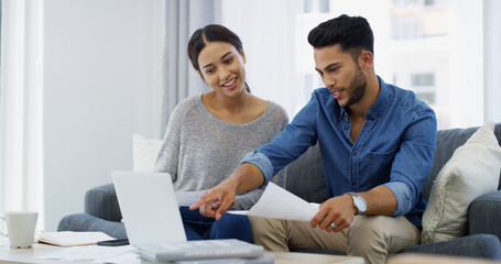 Credit score, laptop or happy couple with documents, salary budget or smile for household bills or mortgage. Financial, insurance paperwork or people with income for investment, report or savings