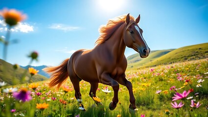 Majestic Chestnut Horse Galloping Through a Vibrant Summer Mountain Meadow