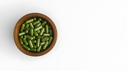 Obraz premium Green capsules are inside of a wooden bowl placed naturally