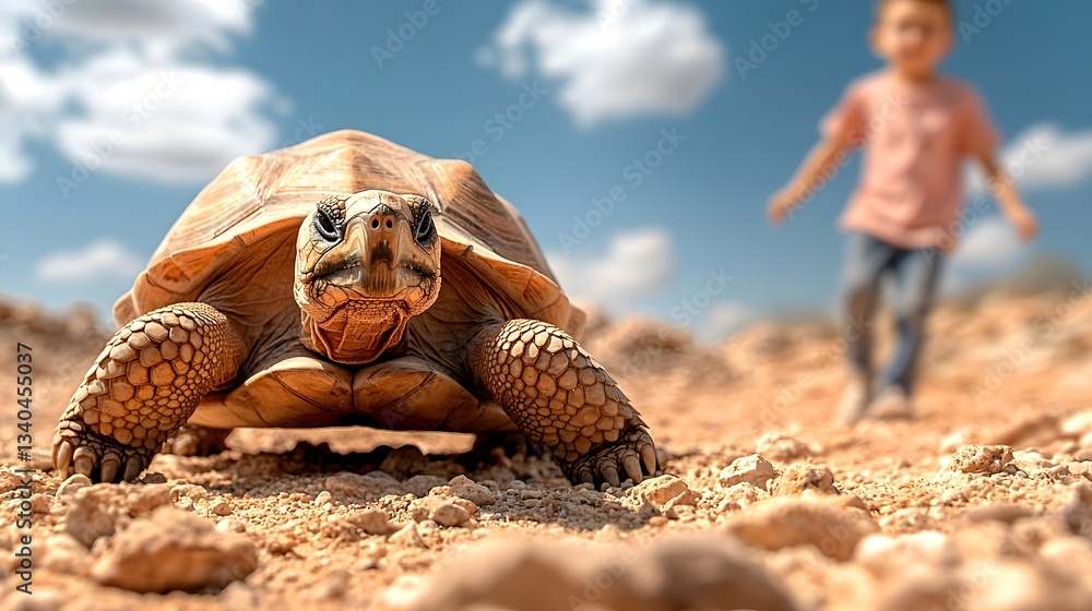 Aufkleber large slow moving armored desert tortoise carefully making its way across a rocky arid dune landscap