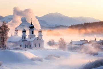 A snow-covered ancient church in a remote mountain village, with smoke rising from nearby chimneys