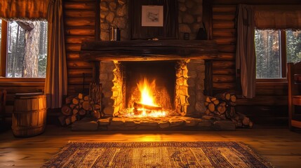 A vintage-style wood-burning fireplace, logs crackling and glowing in the hearth, casting a warm, inviting glow in a rustic cabin