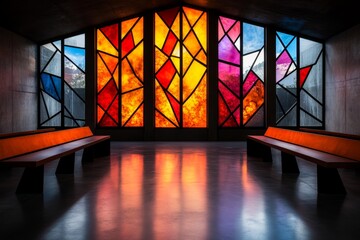 A stained glass window of a cosmic explosion, rendered in bold swirls of purples, oranges, and blues, illuminating a modern chapel