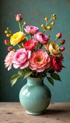 Fototapeta premium Whimsical floral arrangement in a vintage-style vase, garden, bouquet