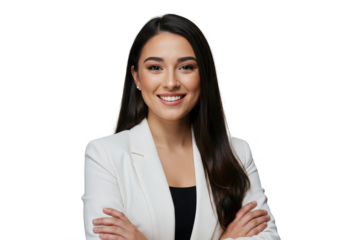 Portrait of a smiling woman with long dark hair wearing a white blazer 