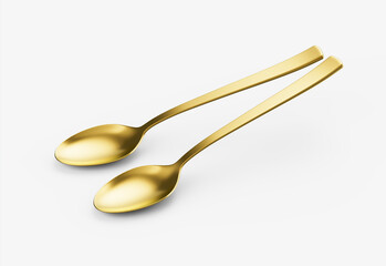 Two golden spoons featuring a smooth curves and straight handle, perfect for dining. 3d illustration