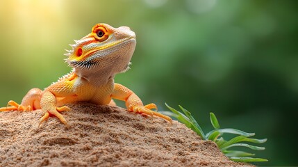 A vibrant bearded dragon resting on a sun heated rock its spiky scales standing out against the golden desert sand creating a stunning natural wildlife photography scene with ample copy space