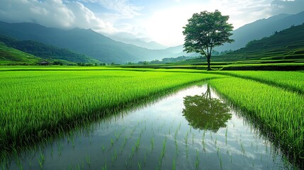 Tranquil Rice Paddies Mountainous Landscape Tree Reflection