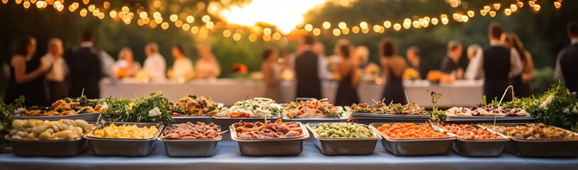 An outdoor party buffet scene, perfect for catering events, weddings, and festive gatherings, highlighted by warm lights and a lush garden setting.