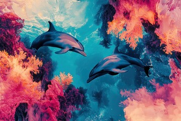 A vivid digital painting of dolphins playing in crystal-clear tropical waters, surrounded by vibrant coral reefs