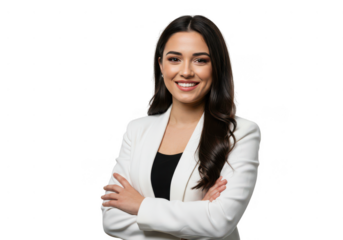 Portrait of a smiling woman in a white blazer with arms crossed 