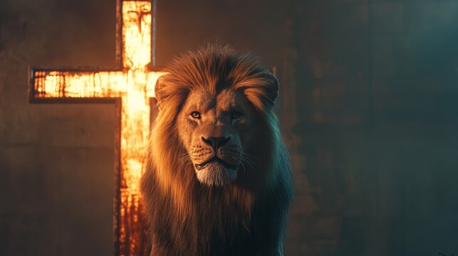 Majestic Lion Standing Before a Christian Cross A Symbol of Strength, Faith, and Courage in a Powerful and Inspirational Scene of Spiritual Significance