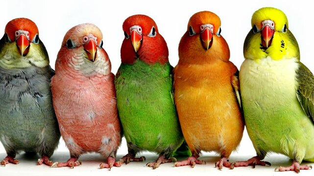 Colorful group of five parakeets posing together in a vibrant display of feathers and personality