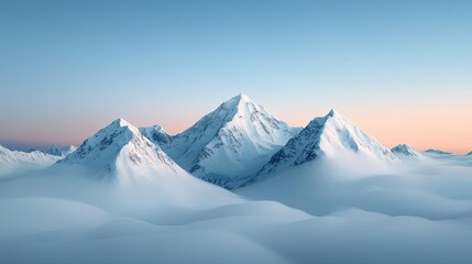 Obraz premium Mountain range landscapes idea. Majestic snow-covered mountains rise above a sea of clouds at sunrise.
