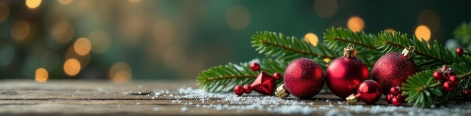 Naklejka premium Winter wonderland scene with festive red and green ornaments on a wooden table background, green, festive