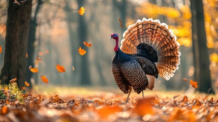 A wild turkey displaying its impressive fan-shaped tail, standing tall in a forest clearing, the autumn leaves swirling around it