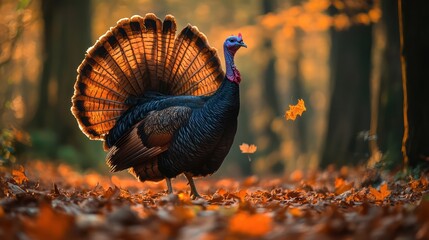 A wild turkey displaying its impressive fan-shaped tail, standing tall in a forest clearing, the autumn leaves swirling around it