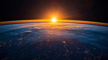 Obraz premium Stunning View of Earth from Space with Rising Sun Over Horizon