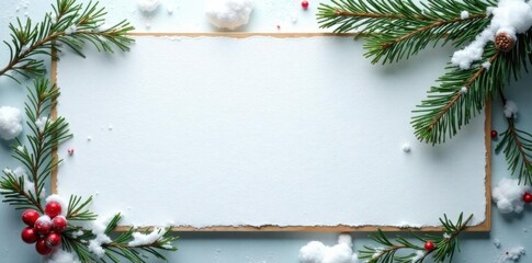 Wooden white board with fir branch and snowfall,  Snow Covered,  Evergreen