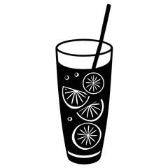 Silhouette of a tall glass filled with detox water, featuring distinct slices of cucumber and lemon floating inside 