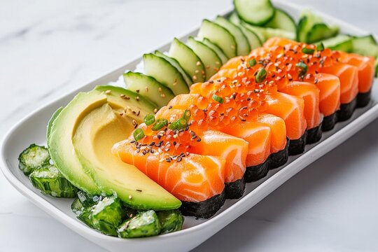 A vibrant sushi platter with salmon, mackerel, and avocado rolls, emphasizing the Omega-3 content in a delicious meal