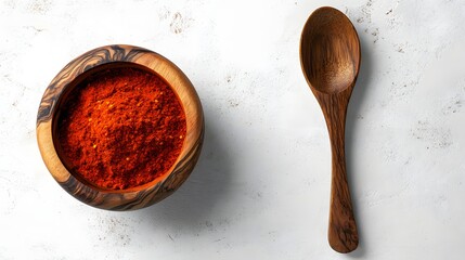 Ground red pepper in a wooden bowl beside wooden spoon