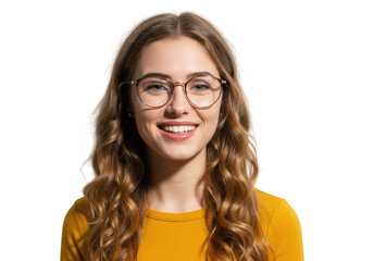 Obraz premium Portrait of a smiling woman with glasses and long wavy hair 