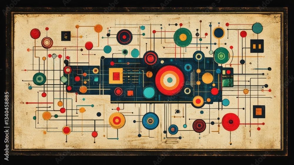 Poster colorful abstract illustration of interconnected nodes and circuit pathways