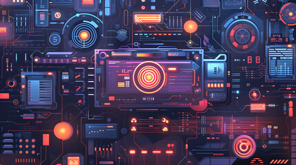 Fototapeta premium A tech innovation flat illustration showcasing futuristic gadgets and digital interfaces.