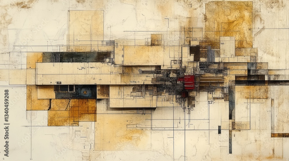 Poster an abstract architectural drawing featuring geometric shapes and linear elements