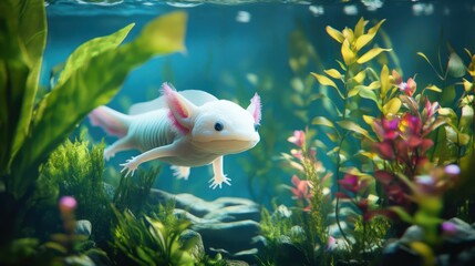 An axolotl swimming through vibrant aquatic plants in a peaceful freshwater tank, its translucent body glowing softly in the ambient light