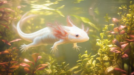 An axolotl swimming through vibrant aquatic plants in a peaceful freshwater tank, its translucent body glowing softly in the ambient light