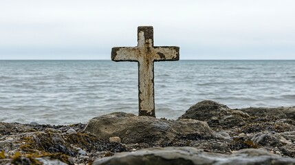 A Simple Weathered Cross Stands on a Rocky Surface, Symbolizing Faith, Strength, and Endurance Through Time