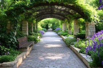 Obraz premium Beautiful pergola covering a paved path in a garden with purple flowers
